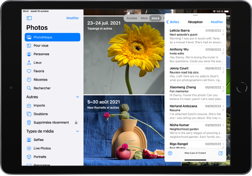 L’app Photos remplit l’écran. La boîte de réception de l’app Mail est ouverte dans une fenêtre Slide Over située à droite de l’écran.