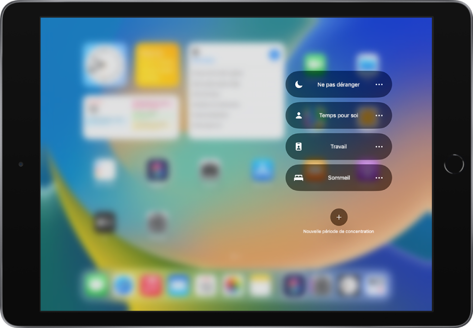 Le centre de contrôle affichant les modes de concentration, avec des boutons permettant de définir la durée de ces options.