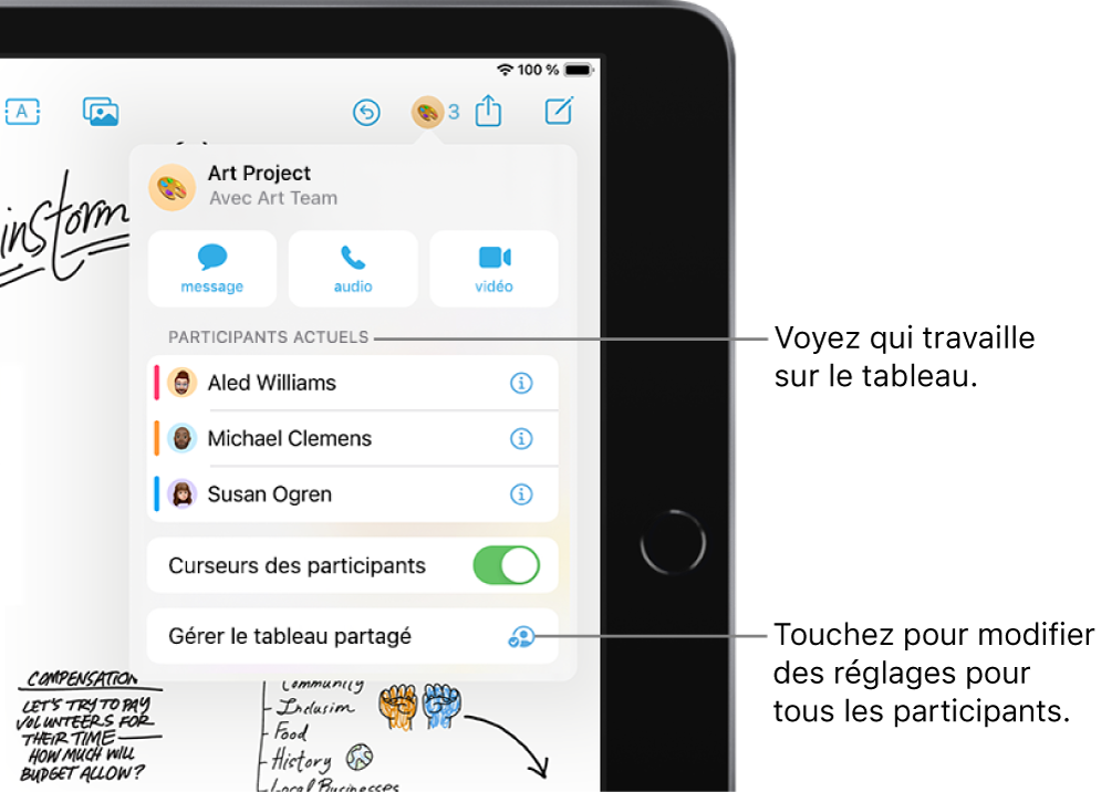 Un tableau partagé avec le menu de collaboration visible.