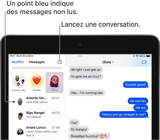 La liste Messages, avec le bouton Modifier en haut à gauche et le bouton permettant de basculer vers FaceTime en haut à droite. Un point bleu à gauche d’un message indique que celui-ci n’a pas été lu.