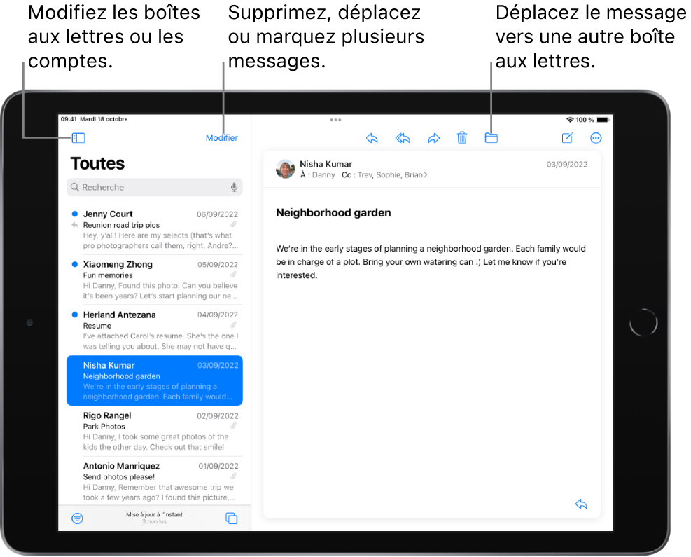 La boîte de réception de Mail, avec la liste des e-mails sur la gauche et un e-mail ouvert sur la droite. Le bouton permettant de passer à une autre boîte aux lettres se trouve dans le coin supérieur gauche. À droite se trouve le bouton Modifier, pour supprimer, déplacer ou marquer plusieurs messages. À droite du centre de la barre d’outils se trouve le bouton permettant de déplacer le message ouvert vers une autre boîte aux lettres.