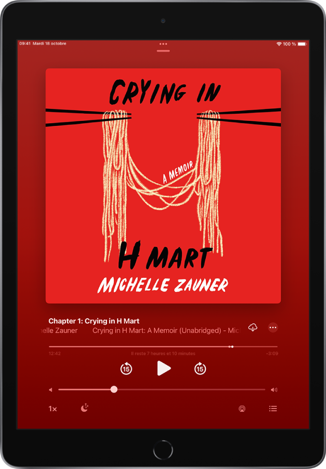 L’écran du lecteur de livres audio affichant la couverture du livre audio au centre de la partie supérieure. Sous la couverture se trouvent le numéro de piste, le nom du livre audio et l’auteur. Sous le nom du livre audio se trouve la tête de lecture, et sous celle-ci se trouvent les commandes de lecture, de pause, de recul et d’avance. Sous les commandes du lecteur se trouve le curseur de commande du volume. En bas de l’écran, de gauche à droite, se trouvent les boutons Vitesse de lecture, Minuterie de veille, Destination pour la lecture et Liste des pistes. Le bouton Bibliothèque se trouve dans le coin supérieur gauche.