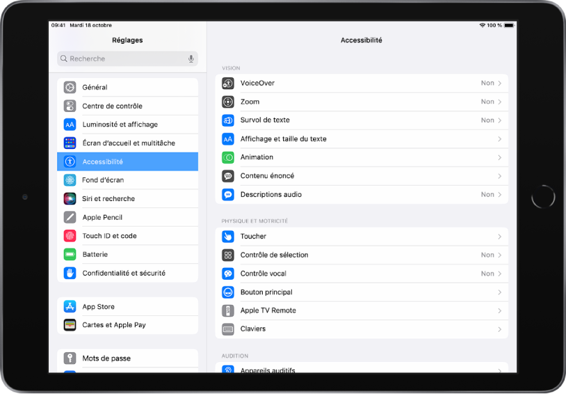 Écran Réglages de l’iPad. Sur le côté gauche de l’écran se trouve la barre latérale Réglages. L’option Accessibilité est sélectionnée. Sur le côté droit de l’écran se trouvent les options pour personnaliser les fonctionnalités d’accessibilité.