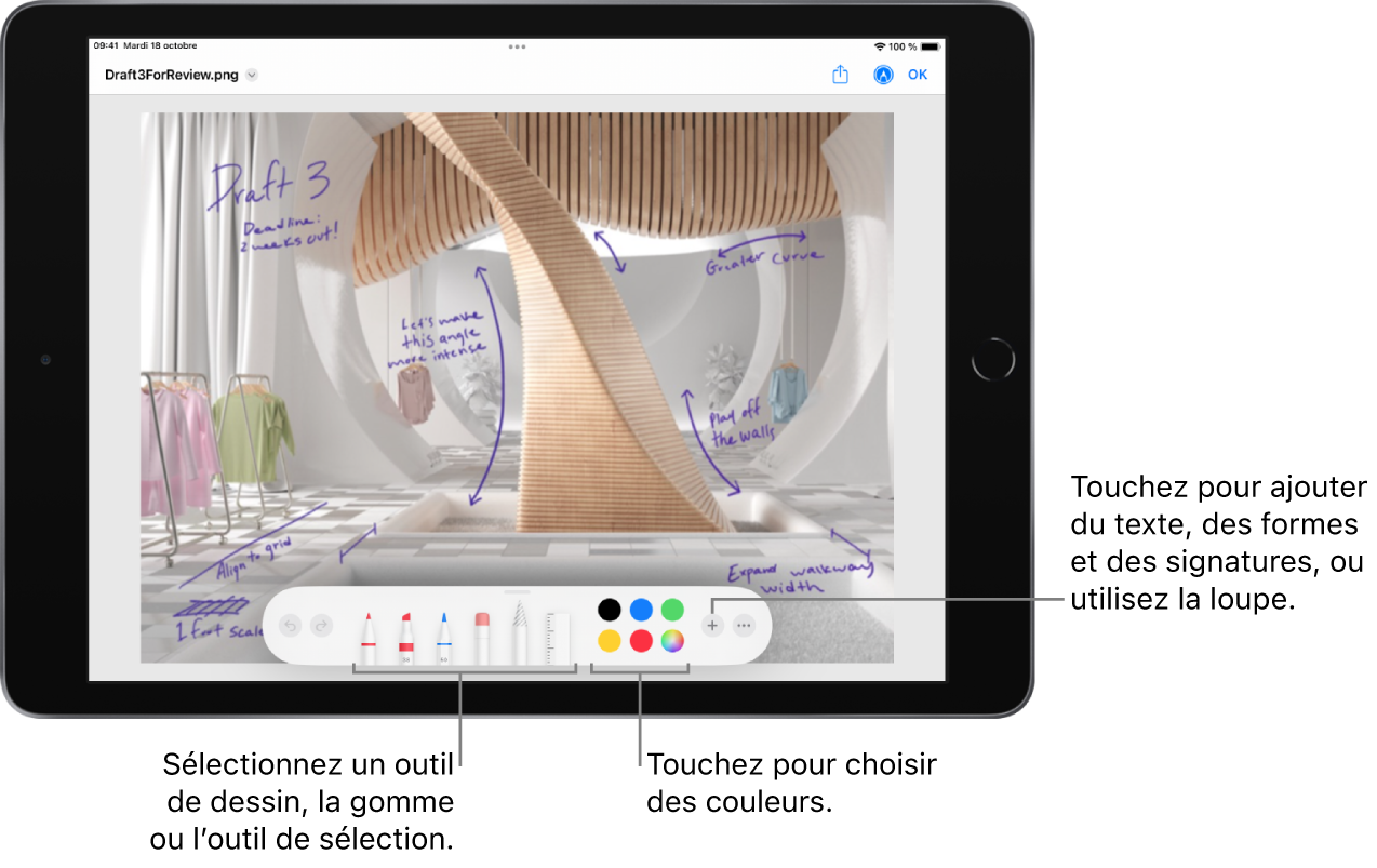 Une image dans une fenêtre d’annotation. Sous l’image, de gauche à droite, se trouvent les boutons permettant d’utiliser les outils d’annotation : des stylos pour dessiner, une gomme, un outil de sélection, des couleurs et des boutons permettant d’ajouter une zone de texte, votre signature et des formes, puis un autre pour sélectionner la loupe.