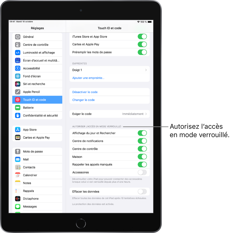 Réglages « Touch ID et code », avec des options permettant d’accéder à des fonctionnalités spécifiques lorsque l’iPad est verrouillé.