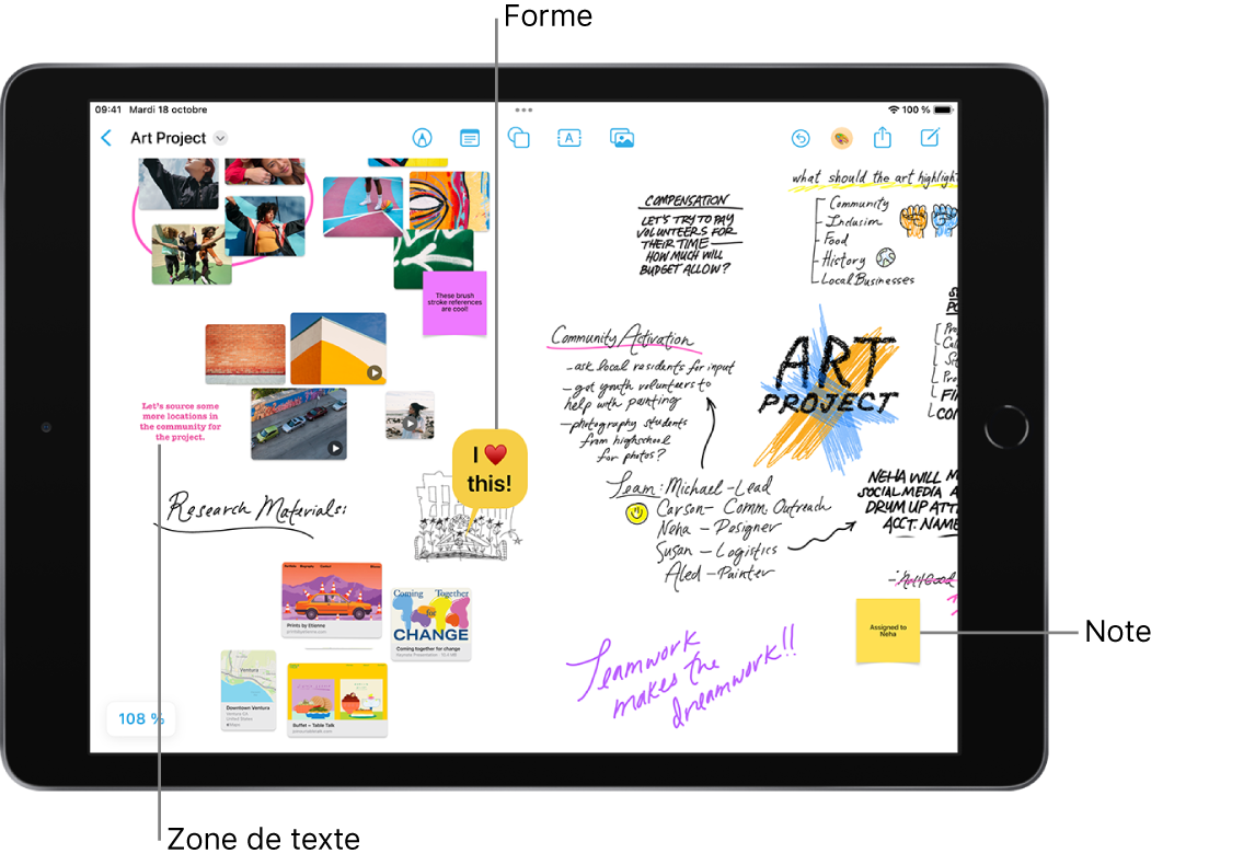 Un tableau Freeform avec des dessins, des zones de texte, des vidéos, des photos, des notes et plus encore.