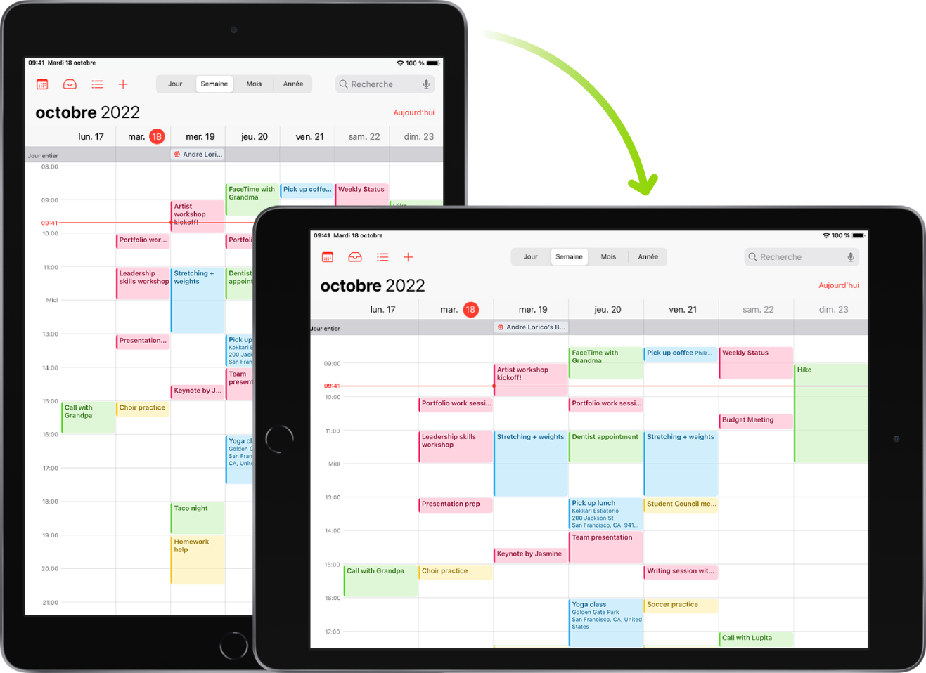 En arrière-plan, l’iPad présente un écran Calendrier en mode portrait ; au premier plan, l’iPad est tourné et affiche l’écran Calendrier en mode paysage.