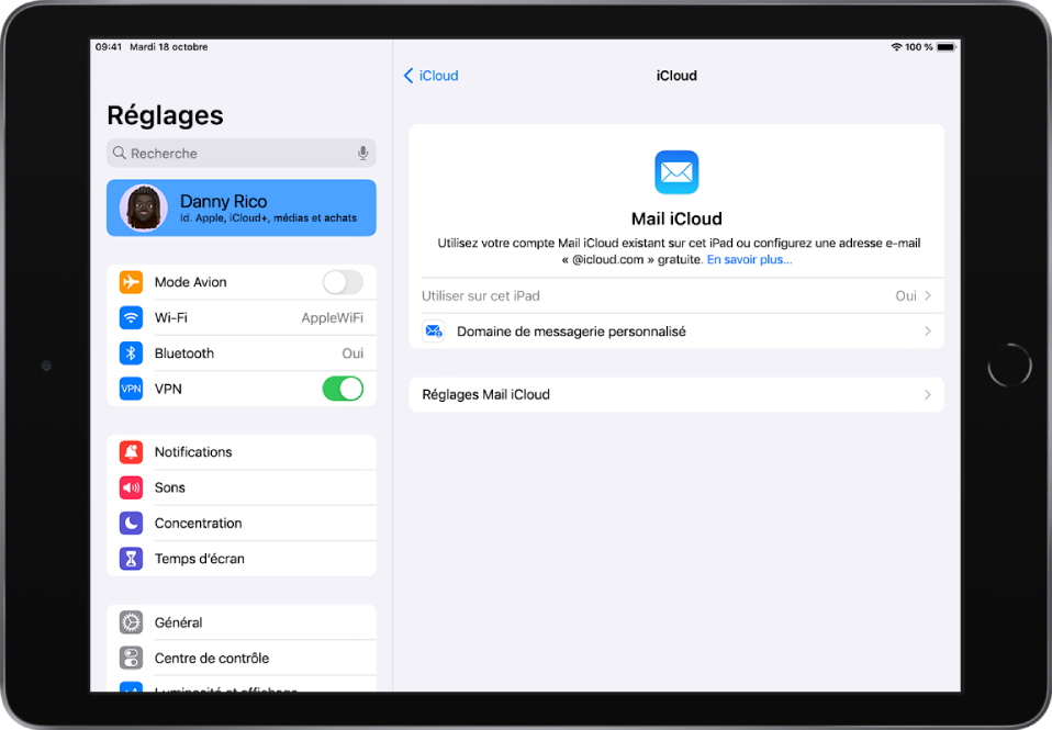 L’app Réglages est ouverte sur l’écran Mail iCloud et l’option « Utiliser sur cet iPad » est activée. En dessous se trouvent les options pour les réglages relatifs au domaine de messagerie personnalisé et pour les réglages de Mail iCloud.