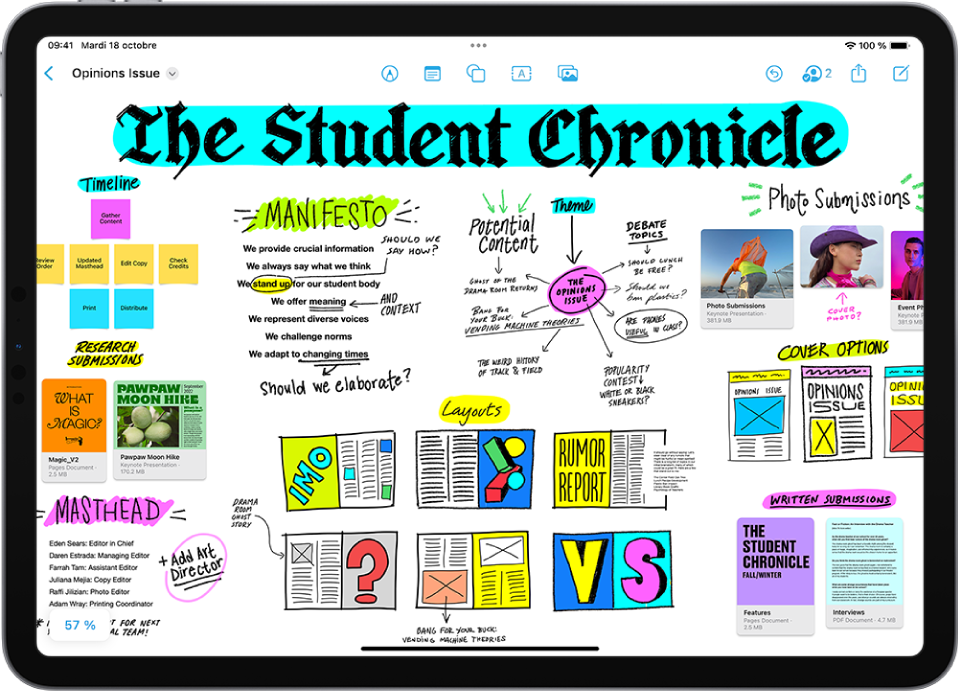 L’iPad en orientation paysage et qui affiche l’app Freeform. Le tableau comprend du texte manuscrit, des dessins, des notes, des liens et des fichiers.