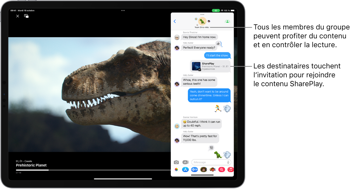 Une vidéo est en cours de lecture sur l’écran de l’iPad. Au-dessus de la vidéo se trouve une conversation de groupe Messages qui inclut une invitation SharePlay, de sorte que chaque personne du groupe puisse regarder la vidéo et interagir avec celle-ci.