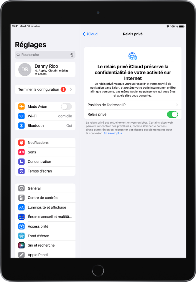 L’écran Réglages pour activer ou désactiver « Relais privé iCloud ».