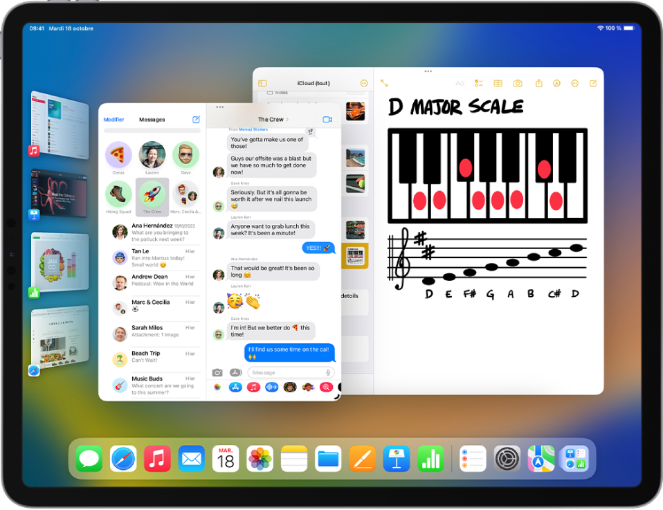 L’écran d’un iPad avec la fonctionnalité Stage Manager activée. Les fenêtres actives sont au centre de l’écran, et les autres apps récemment utilisées sont placées à gauche.
