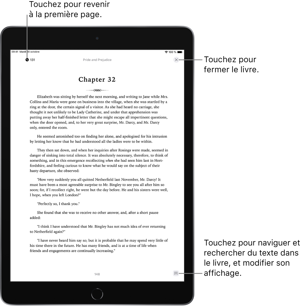 Une page d’un livre dans l’app Livres. En haut de l’écran se trouvent les boutons permettant de revenir à la page où la lecture a commencé et de fermer le livre. En bas à droite de l’écran se trouve le bouton Menu.