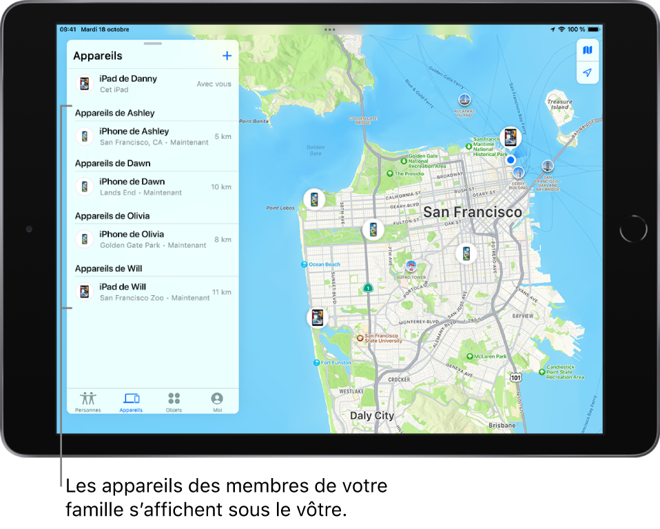 L’onglet Appareils de l’app Localiser. L’iPad de Danny se trouve en haut de la liste. En dessous se trouvent les appareils d’Ashley, de Dawn, d’Olivia et de Will.