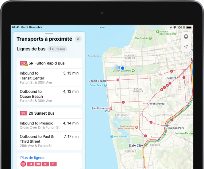 Un plan affichant des lignes de transport principales. Une fiche « Transports à proximité » sur la gauche affiche quatre suggestions de ligne.