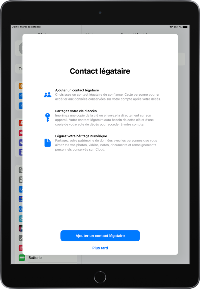 L’écran « Héritage numérique » avec des informations sur la fonctionnalité. Le bouton « Ajouter un contact légataire » se trouve en bas de l’écran.