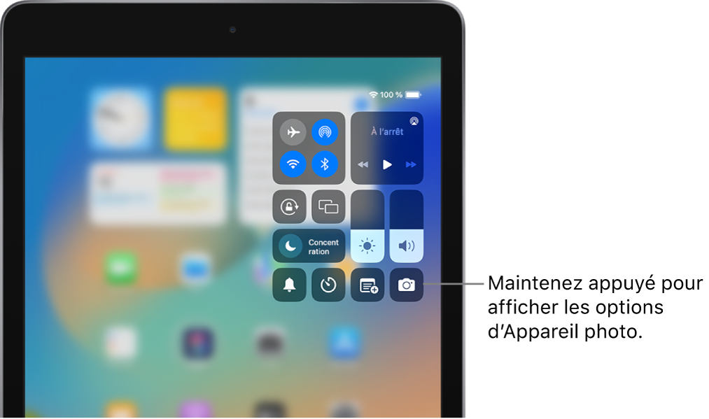Commandes associées au mode Avion, aux données cellulaires, au Wi-Fi et au Bluetooth dans le groupe en haut à gauche du Centre de contrôle pour les modèles d’iPad Wi-Fi + Cellular. La commande « Appareil photo » se trouve en bas à droite.