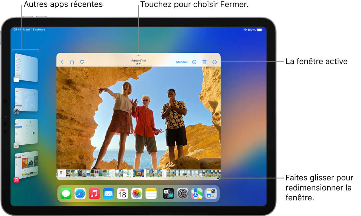 L’écran d’un iPad avec la fonctionnalité Stage Manager activée. La fenêtre actuelle se trouve au centre de l’écran, avec les commandes multitâches en haut et une commande de redimensionnement dans le coin inférieur droit. Les apps récentes apparaissent dans une liste sur le côté gauche. Les apps dans le Dock apparaissent au bas de l’écran.