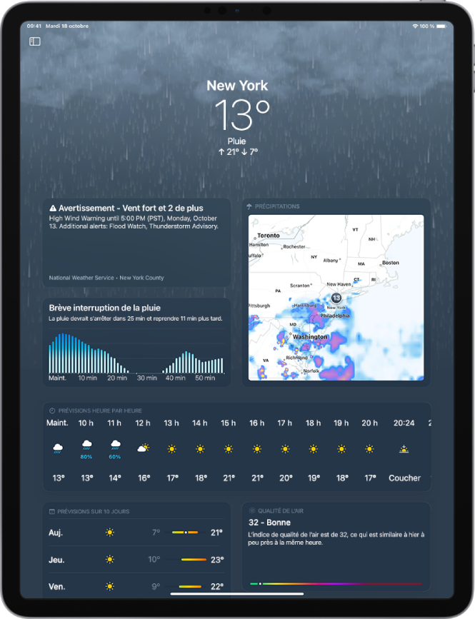 L’écran Météo affichant de la pluie en arrière-plan et de haut en bas : le lieu, la température actuelle, la pluie, les températures minimales et maximales du jour, une alerte météo pour vents violents et deux autres alertes,les prévisions de pluie pour l’heure suivante et la carte des précipitations. Sous l’alerte météo et les informations relatives aux précipitations se trouvent les prévisions heure par heure, les prévisions sur 10 jours en bas à gauche de l’écran, et l’échelle de la qualité de l’air en bas à droite de l’écran.