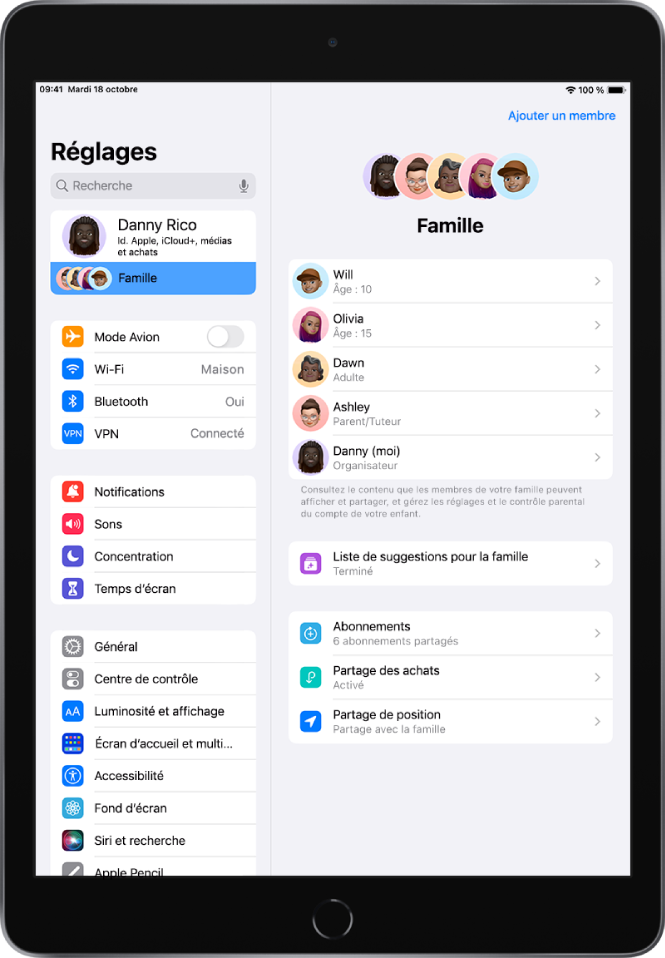 Écran Partage familial dans Réglages. Cinq membres d’une famille sont répertoriées au-dessus des fonctionnalités partagées.