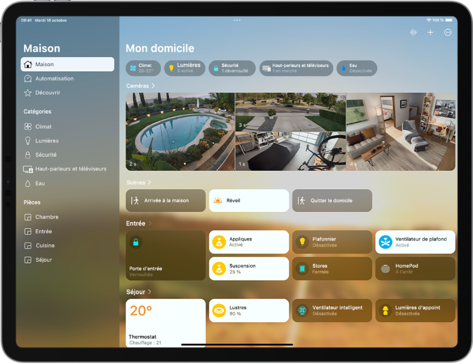 Écran « Mon domicile » dans l’app Maison affichant, de haut en bas : Caméras, Scènes, Entrée et Séjour.
