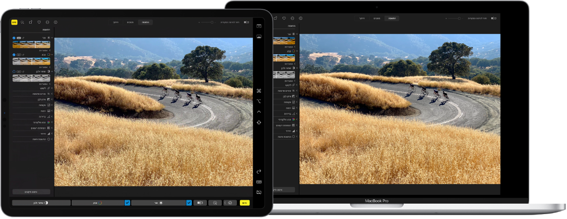 מסך Mac לצד מסך iPad. שני המסכים מציגים חלון מיישום עריכת תמונות.