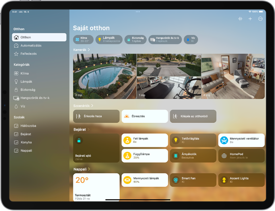 Az Otthon app Saját otthon képernyőjén az alábbi elemek láthatók felülről lefelé: Kamerák, Szcenáriók, Belépő ás Nappali.