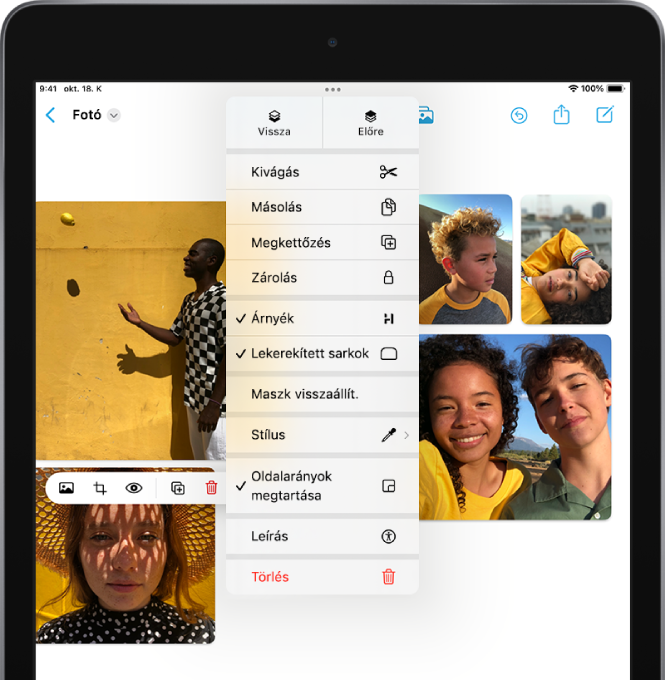 Freeform-tábla számos különböző fotóval. A fotók egyike ki van jelölve, és a formázási eszközök meg vannak nyitva.