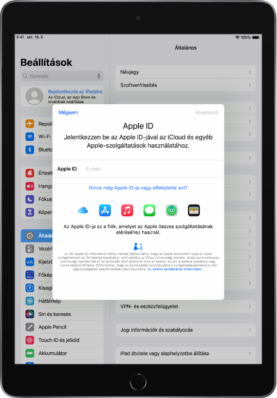 A Beállítások képernyő, a képernyő közepén látható Apple ID bejelentkezési párbeszédablakkal.