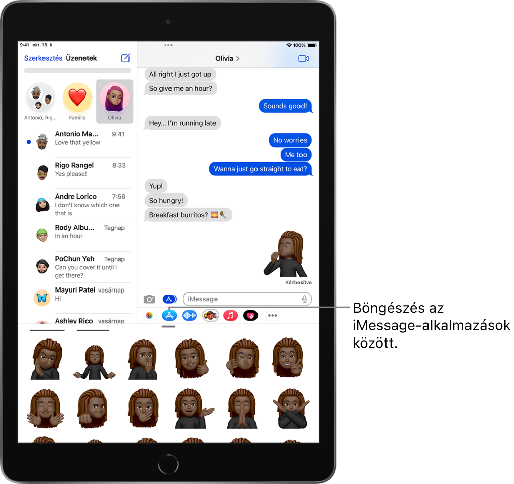 Egy beszélgetés az Üzenetek appban, ahol a Memoji iMessage-app ikonja van kijelölve, és a képernyő alján Memoji-matricák láthatók.