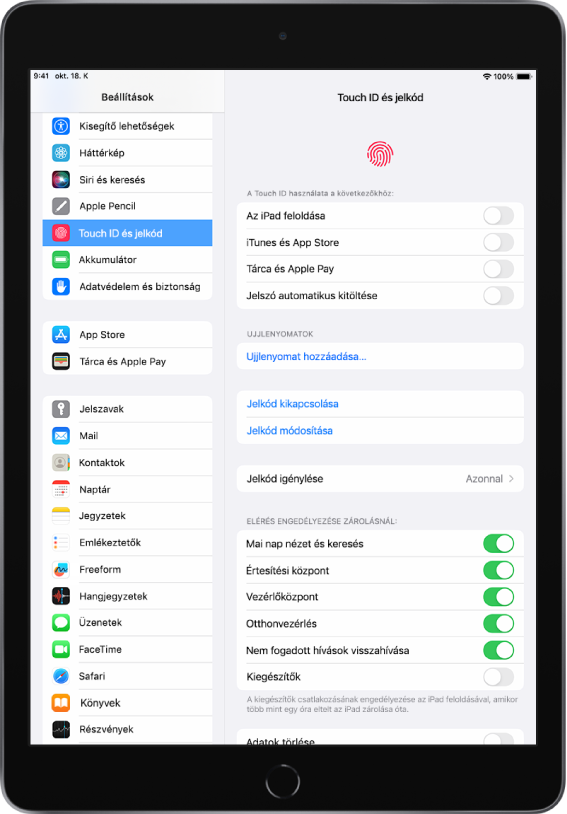 A képernyő bal oldalán a Beállítások oldalsáv látható a kijelölt Touch ID és jelkód lehetőséggel. A képernyő jobb oldalán a Touch ID segítségével feloldható funkciók kiválasztására szolgáló opciók láthatók. Az iPad feloldása az iTunes és App Store, a Tárca és Apple Pay és a Jelszó automatikus kitöltése funkciók ki vannak kapcsolva.