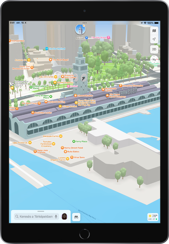 3D utcai térkép, amelyen épületek, utcák, egy kompjárat, víz, fák és egy park látható.