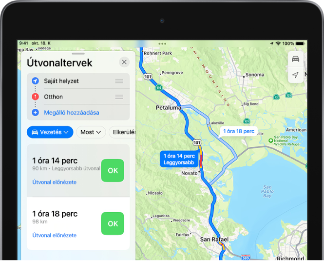 Egy térkép két autós útvonallal az Északi öbölben, San Francisco közelében. A leggyorsabb útvonal van kijelölve.