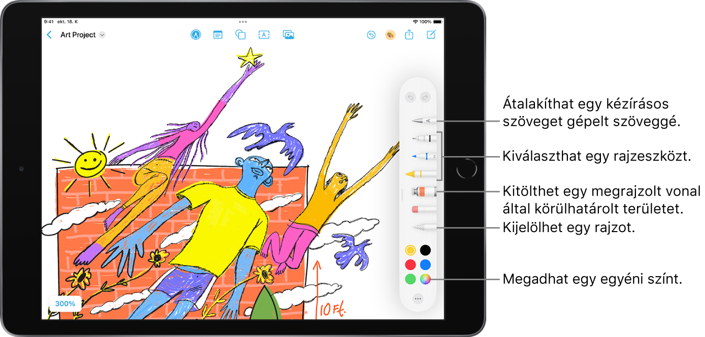 Freeform-tábla a rajzeszközökkel. Kijelölheti a kézírásos eszközt, amellyel gépelt szöveggé alakíthatja át a kézzel írt szövegeket, kiválaszthat egy rajzeszközt, kitölthet egy megrajzolt vonal által körülhatárolt területet, kijelölhet egy rajzot, ezenkívül megadhat egy egyéni színt.