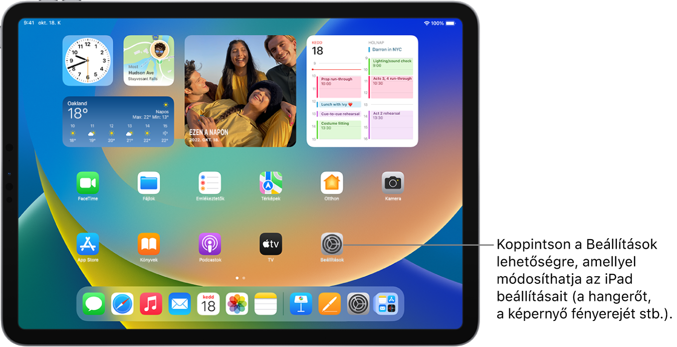 Az iPad Főképernyője számos különböző appikonnal, többek között a Beállítások ikonjával. A Beállítások ikonjára koppintva módosíthatja az iPad hangerejét, a képernyő fényerejét stb.