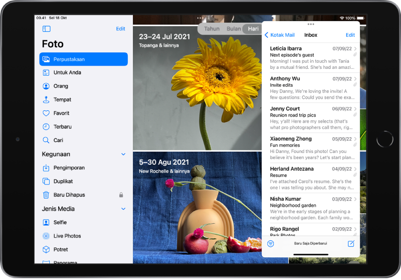 App Foto mengisi layar. Inbox app Mail dibuka di jendela Slide Over di sisi kanan layar.