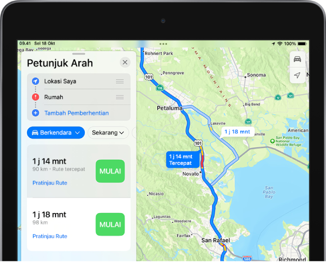 Peta dengan dua rute berkendara yang ditampilkan di North Bay dekat San Francisco. Rute tercepat dipilih.