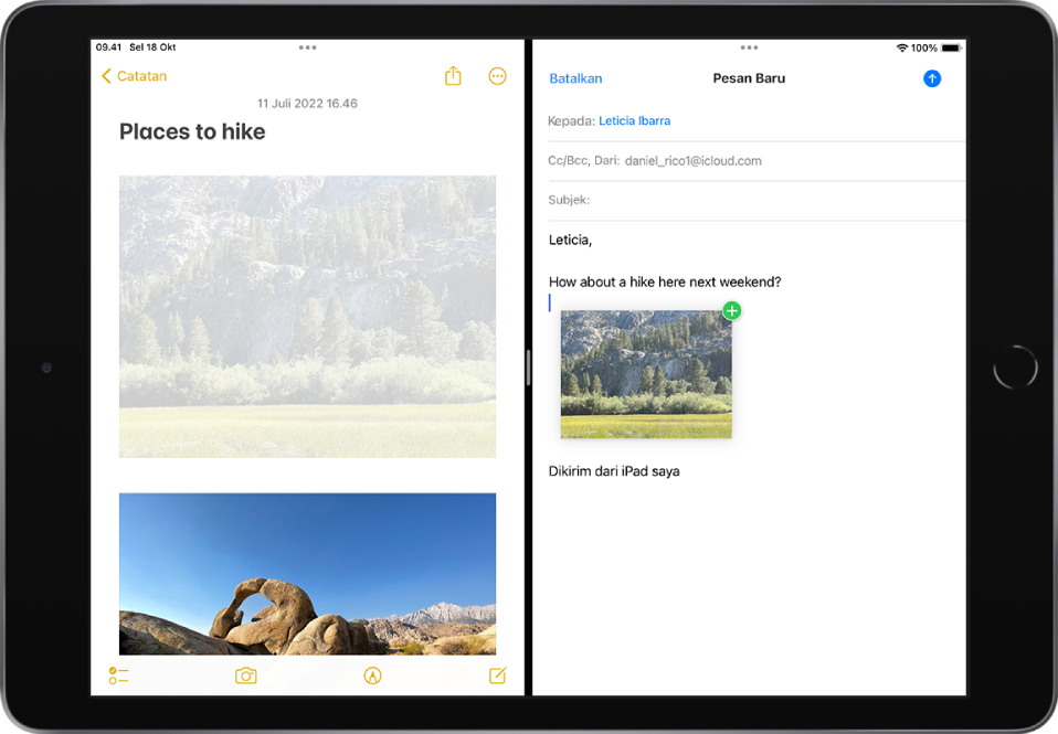 Split View dengan Catatan dibuka di sisi kiri dan email dibuka di sisi kanan. Foto dari Catatan diseret ke dalam email.