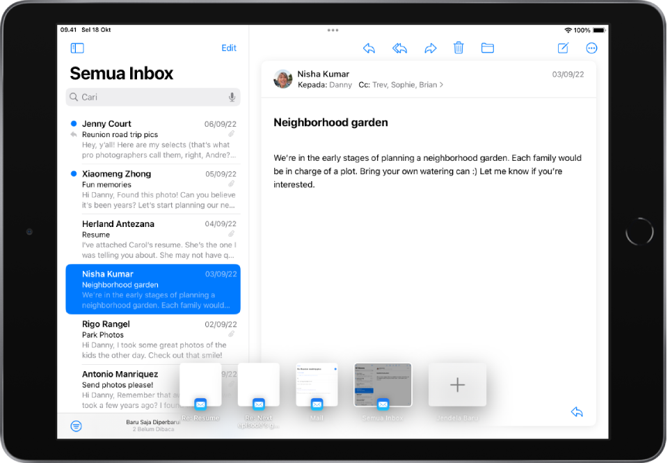 Jendela Mail menampilkan email Semua Inbox yang tercantum di sebelah kiri dan lima gambar mini di sepanjang bagian bawah layar.