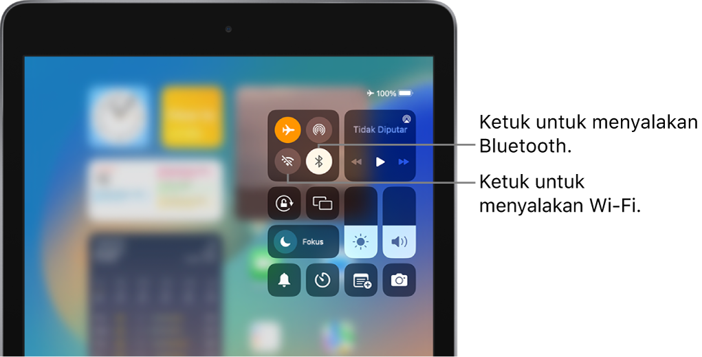 Pusat Kontrol dengan mode pesawat menyala. Tombol untuk menyalakan Wi-Fi dan Bluetooth berada di dekat pojok kiri atas Pusat Kontrol.