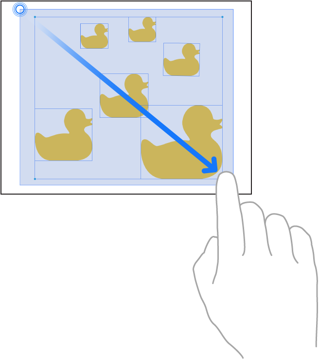 Ilustrasi menampilkan jari menyeret untuk memilih item di Freeform.