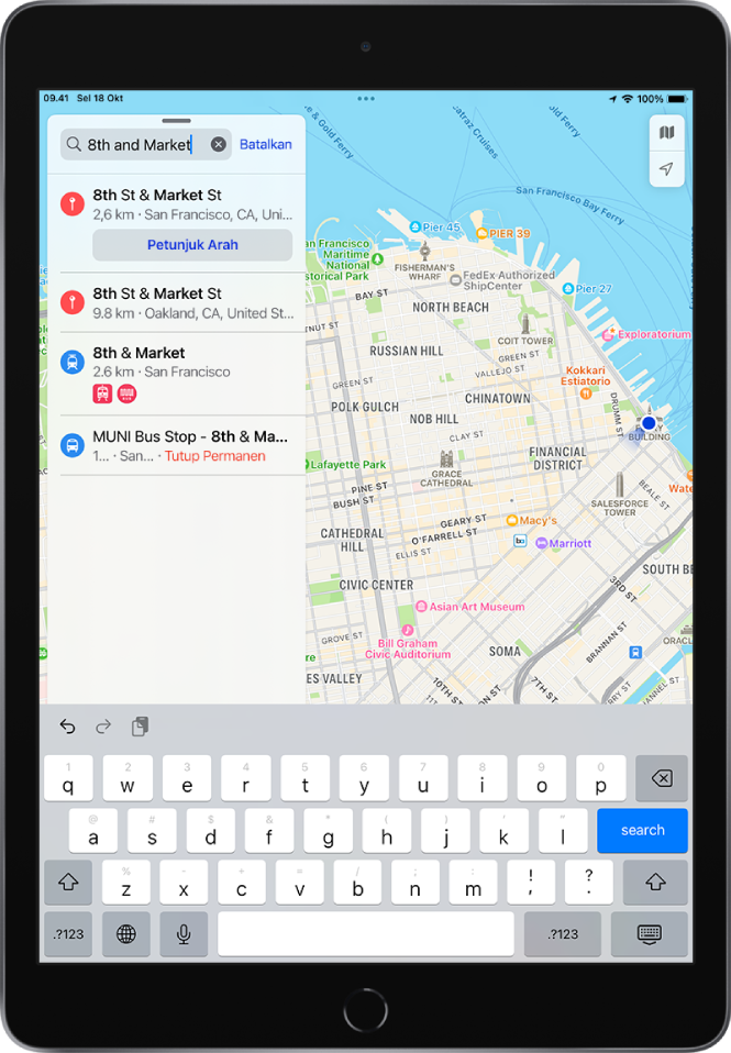 Kartu pencarian menampilkan pencarian untuk frasa “8th and Market” dan beberapa hasil.