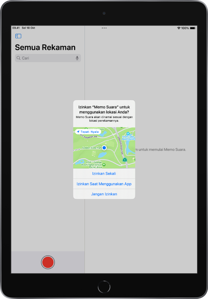 Permintaan dari app untuk menggunakan data lokasi di iPad. Pilihannya adalah Izinkan Sekali, Izinkan Saat Menggunakan App, dan Jangan Izinkan.
