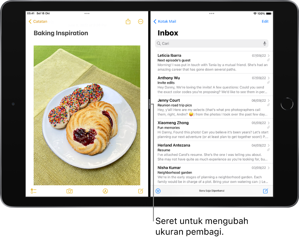 App Catatan di sisi kiri layar, dan Mail dibuka di sisi kanan. Di antara app terdapat pemisah yang dapat disesuaikan yang digunakan untuk mengubah ukuran pemisahan.