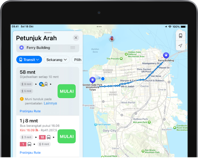 Peta menampilkan rute transit. Kartu rute di sebelah kiri menampilkan tombol Mulai untuk beberapa pilihan untuk rute.