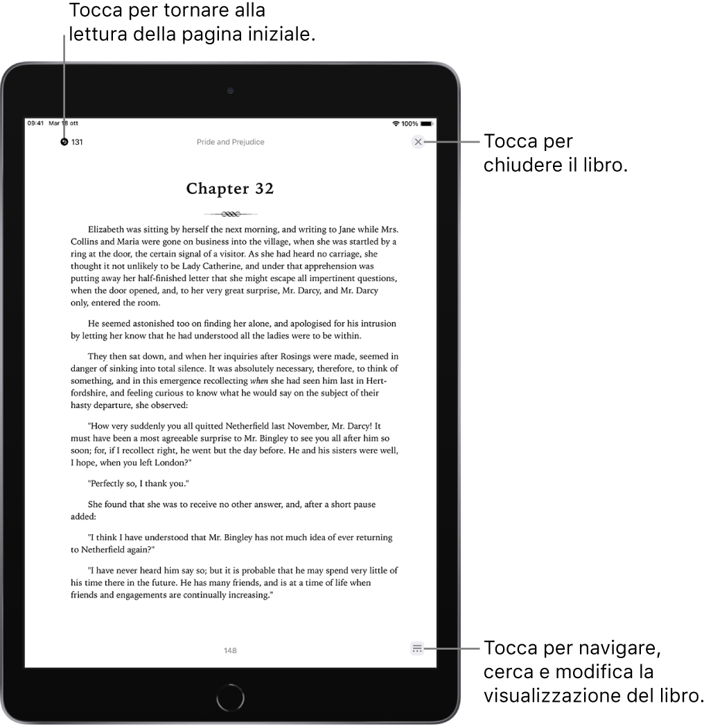 La pagina di un libro nell'app Libri. Nella parte superiore dello schermo sono presenti i pulsanti per tornare alla pagina da cui hai iniziato a leggere e per chiudere il libro. Nella parte inferiore destra dello schermo è presente il pulsante Menu.