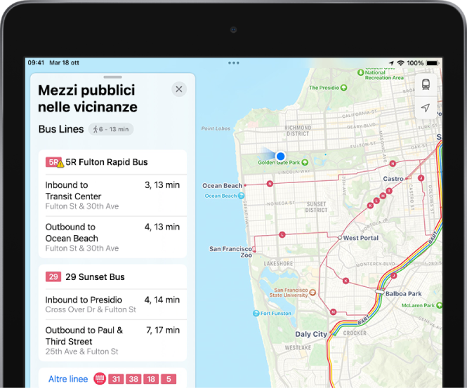 Una mappa che mostra le linee dei mezzi pubblici principali. Una scheda “Mezzi pubblici nei dintorni” sulla sinistra mostra 4 linee suggerite.