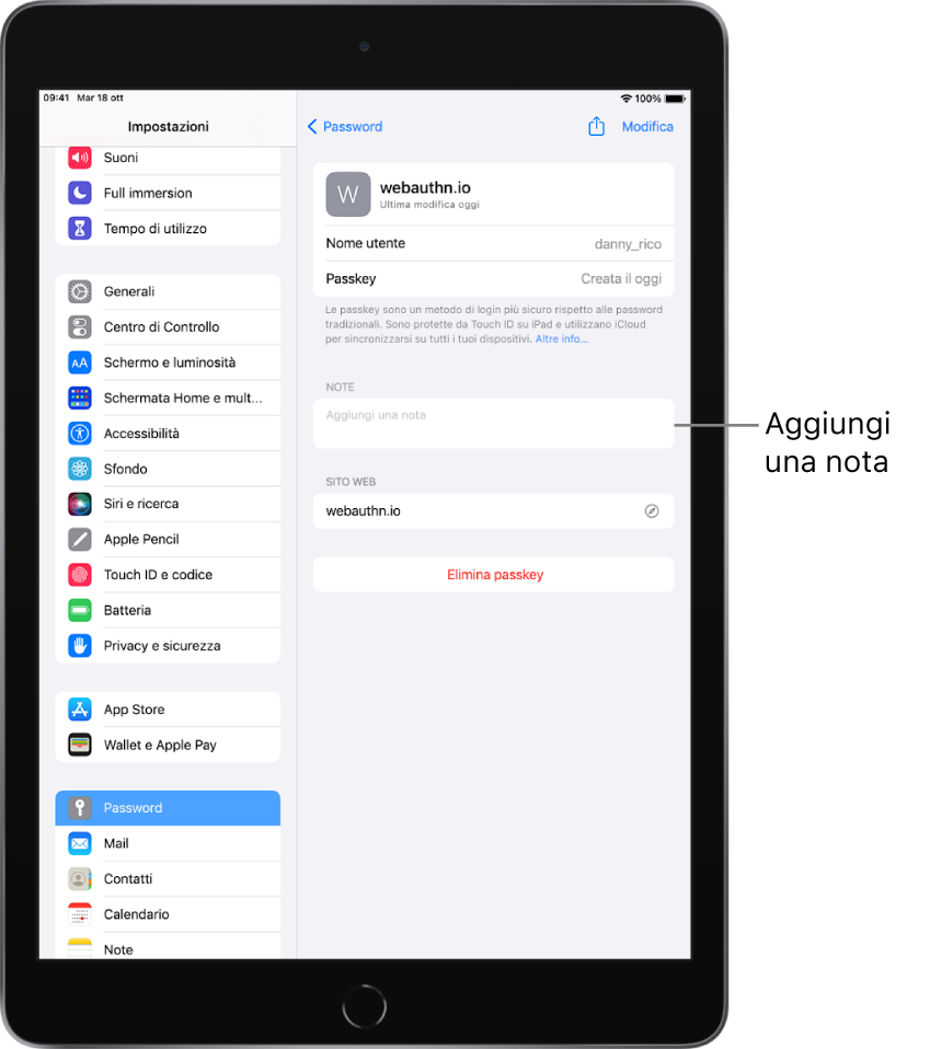 Le impostazioni Password che mostrano informazioni per una passkey e un campo per inserire una nota.