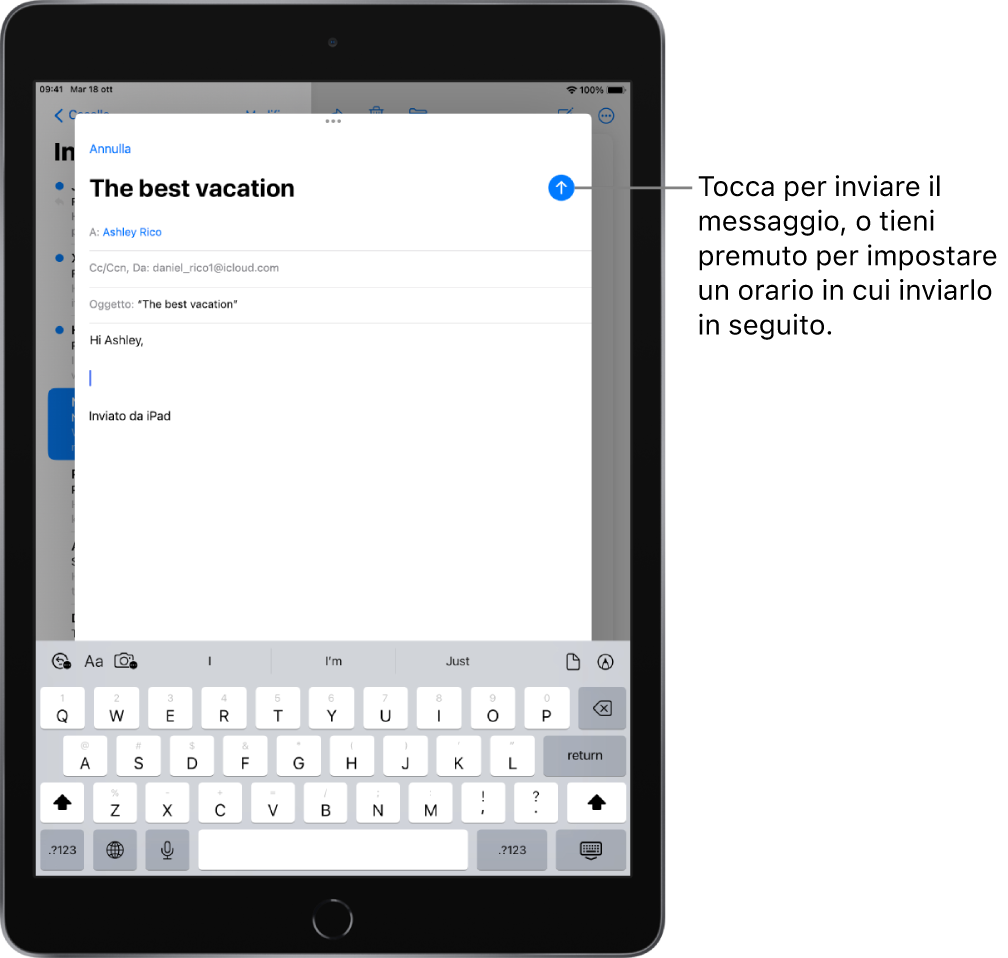La bozza di un'email aperta nell'app Mail. Nell'angolo in alto a destra è presente il pulsante per inviare il messaggio. Toccalo per inviare il messaggio o tienilo premuto per programmare un orario per inviarlo più tardi.