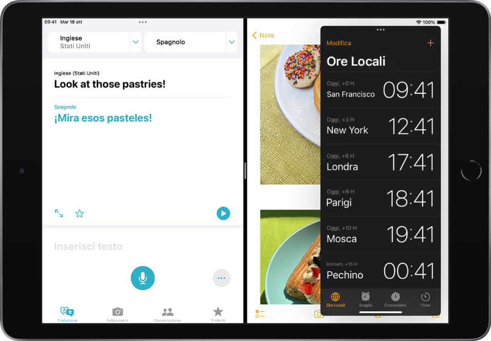 L'app Traduci è aperta sul lato sinistro dello schermo, Note è aperta sulla destra e Orologio è aperta in una finestra Slide Over che copre in parte Note.
